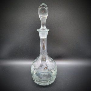 Vintage Etched 14" Glass Decanter W/ Stopper Bird & Flower Design MCM Art Glass